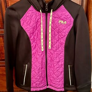 Fila Women's Black & Pink Quilted Front Zip Hoodie Jacket